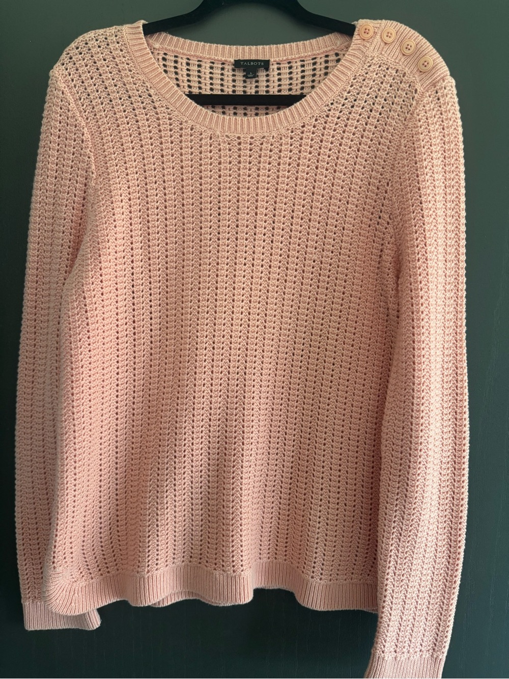 Talbots Soft Pink Open-Knit Crewneck Sweater with Shoulder Buttons
